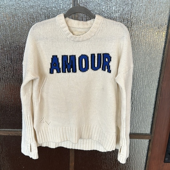 Zadig & Voltaire Malta Amour Cream Blue Varsity Wool Crewneck Sweater Size Large - Picture 5 of 10